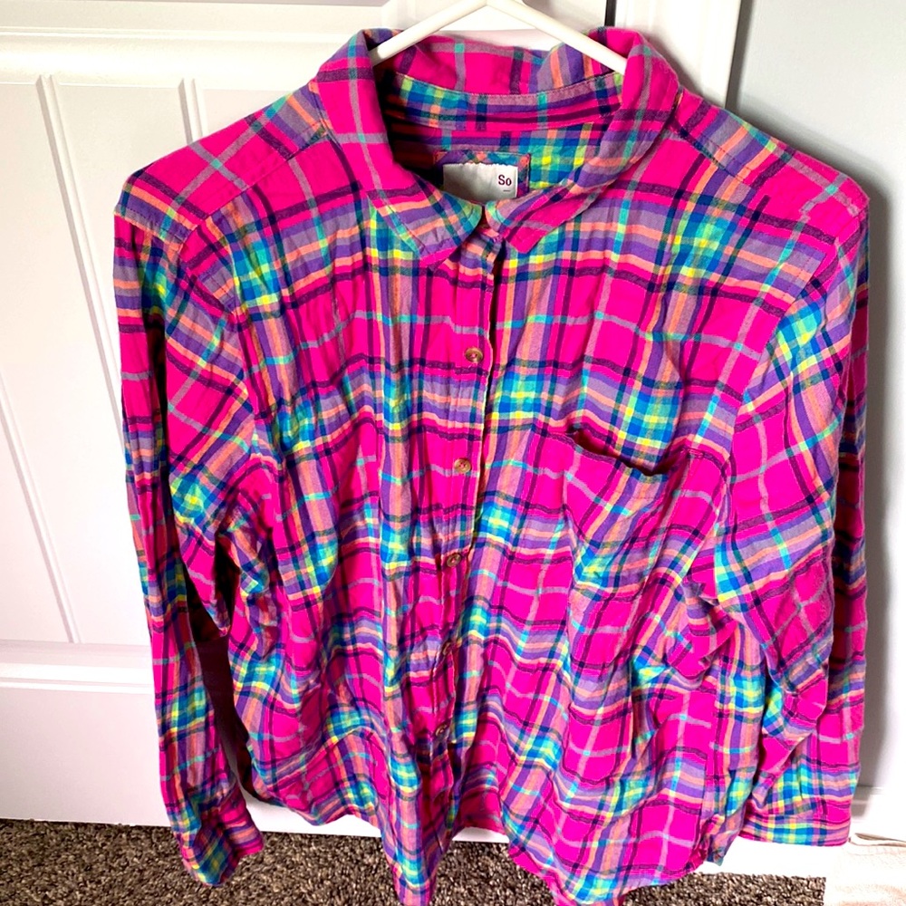 SO plaid button down shirt Pink Multi